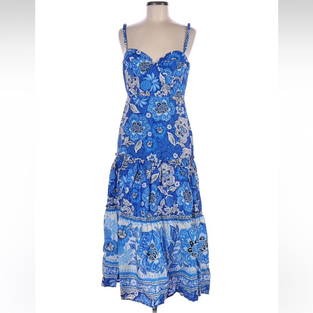 FARM RIO Organic Cotton Blue White Floral Corset Top Tiered Maxi Dress Medium M